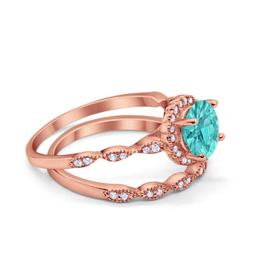 Two Piece Halo Wedding Ring Round Rose Tone, Simulated Paraiba Tourmaline CZ 925 Sterling Silver